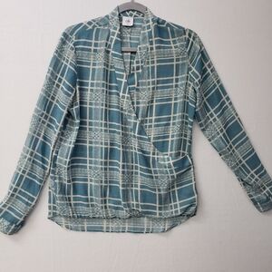 CAbi Womens XS Windowpane Faux Wrap LS Blouse Teal Blue Cream 3068 High low Hem